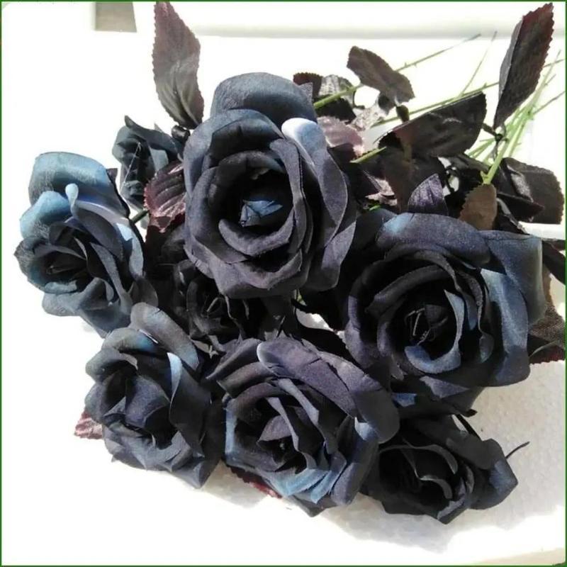 10Pcs/Set Artificial Black Single Rose Bouquet Halloween Ghost Festival Horror Gothic Style Dark Series Decorative FakeFlowers