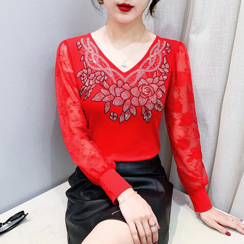 Spring Autumn Women's Lace Sleeve Patchwork T-Shirt Elegant V-neck Tees Slim Ladies Tops With Rhinestone Flower