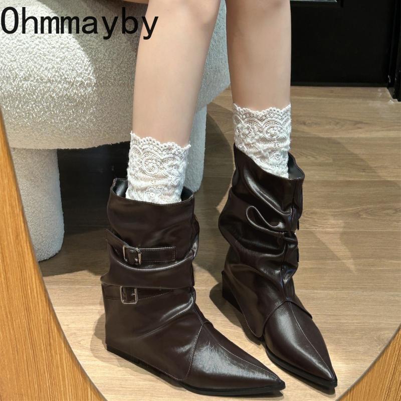 Podzim Zima Dámské Kotníkové Boty na Silném Podpatku Módní Pásek s Přezkou Špičaté Boty Dámské Skládané Svršek Krátké Dámské Kotníkové Boty