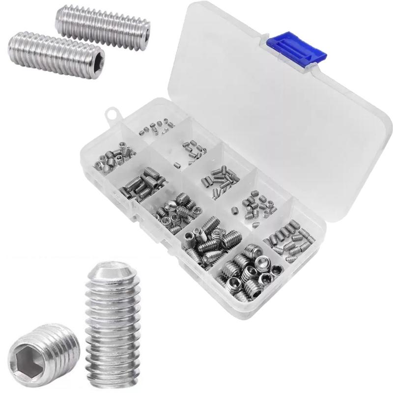 200Pcs Hex Socket Headless Machine Rice Combination Kit Flat End 304 Stainless Steel Screws M3/M4/M5/M6/M8 for Hardware Tools