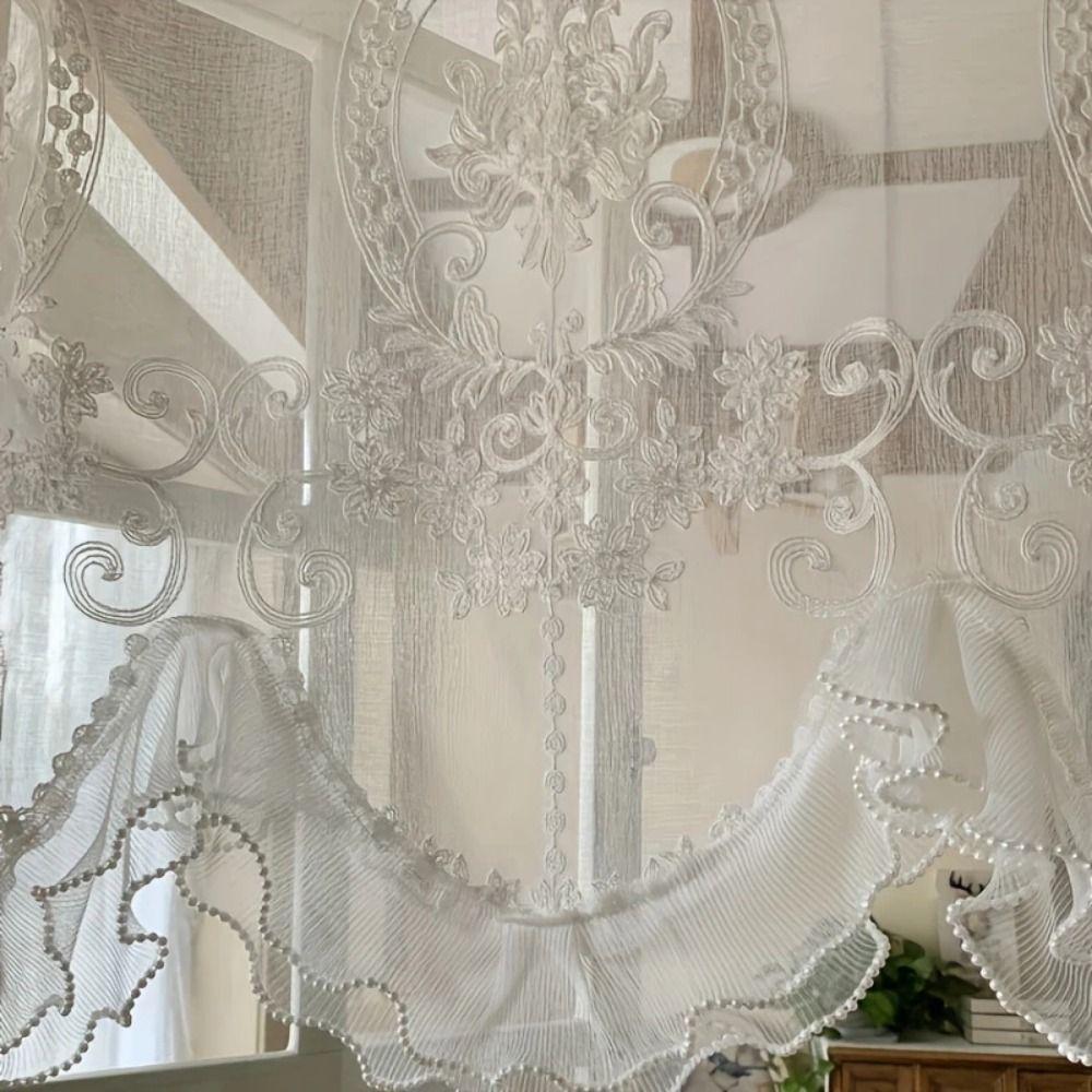 Double Pearls Lace Bottom Ruffled Lace Short Sheer Curtain Floral Short Tulle Drapery  Balcony
