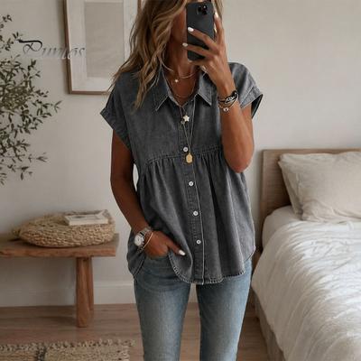 Denim Shirt Women Shirt, Lapel Short Sleeve Tops, Pure Color Loose Fit Tops Ruffle Splicing Casual for Work Parties Vacations Dates