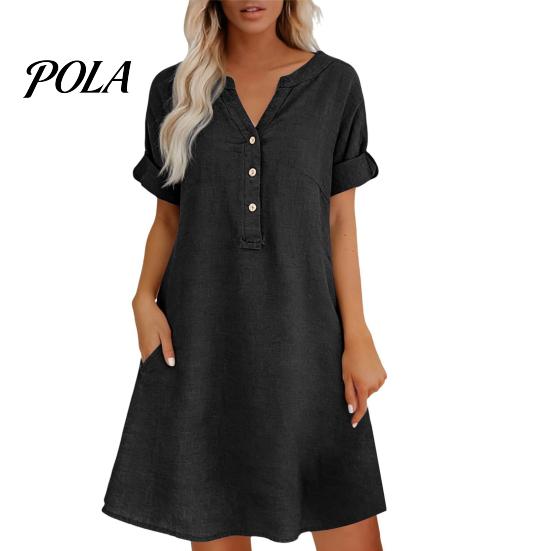 Travel Friendly Dress Summer Short Sleeve for Women, Casual Button Up V Comfortable Everyday Neck A-line Dress, Flowy Beach Vacation Sundress