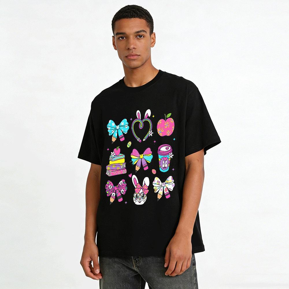 Cute Rabbit Bow Print Top School Style Apple Coffee Pattern T-Shirt Pure cotton T-shirt