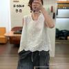 Literary and Artistic Solid Color Three-dimensional Hook-up Embroidered Lace Small Vest Large Size Women's Sleeveless Round Neck Casual Outer