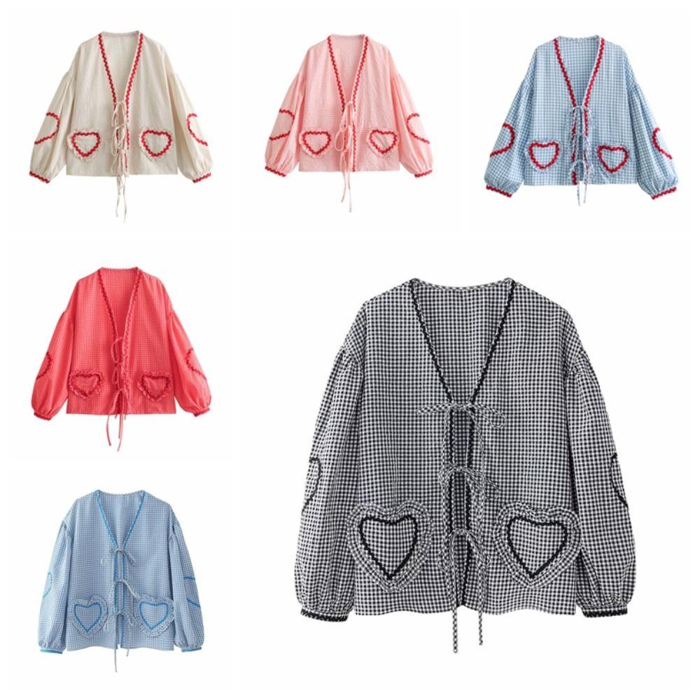 Ruffle Plaid Bowknot Lace Up Blouse Stripe Loose Chic Puff Sleeveless Blouse Tops Spring/Summe