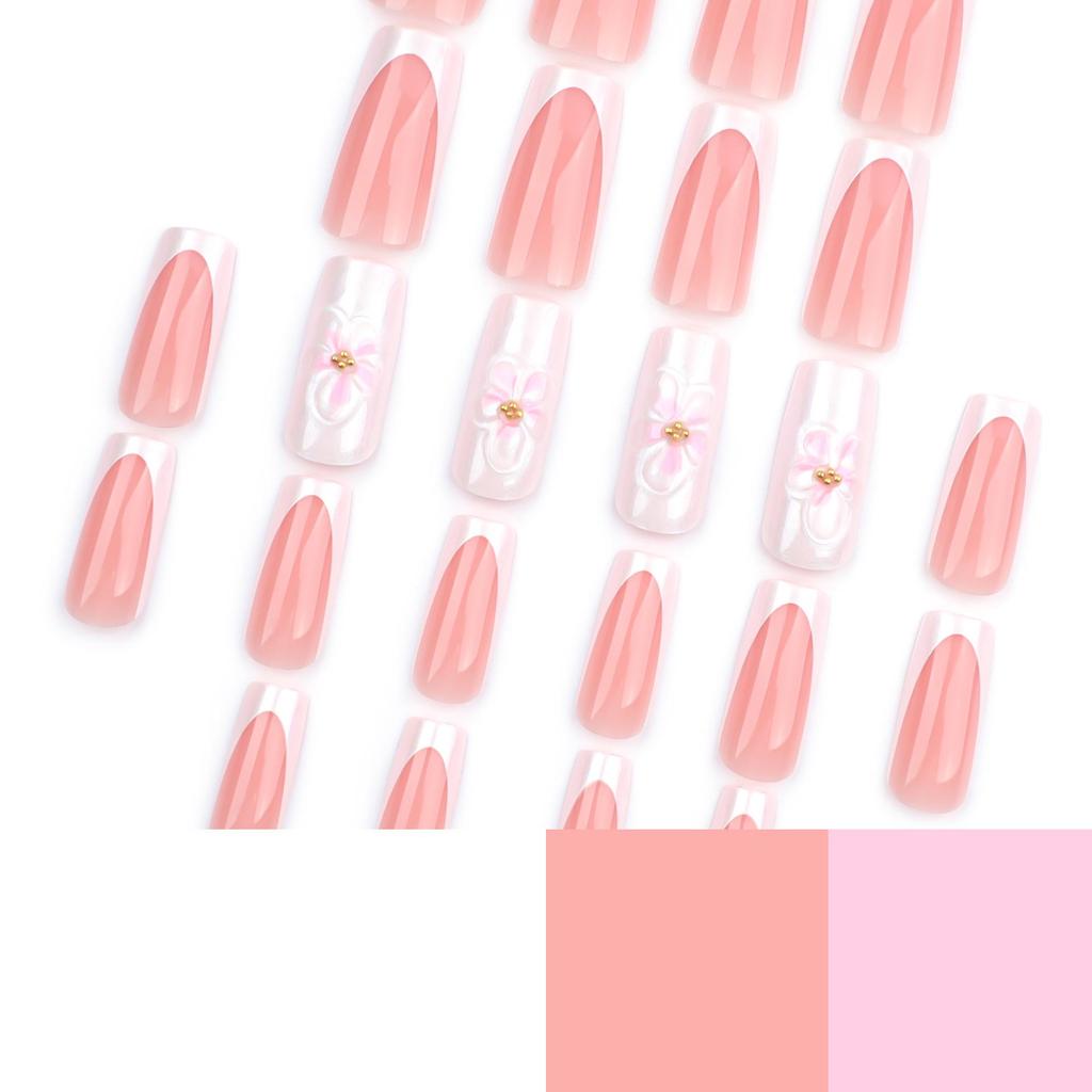French White 3D Flower Medium-Long Square Wearable Nail Tips