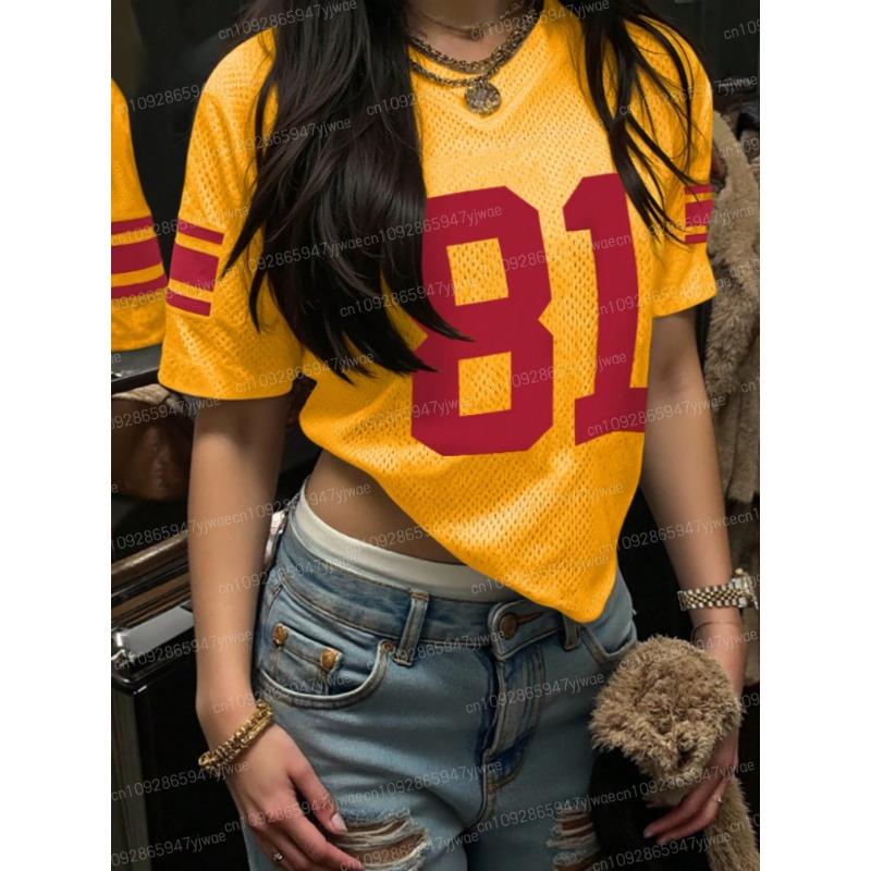 4 Colors Number 81 Print T Shirt For  Women Mesh Fabric Striped V-Neck Tee Summer  Harajuku Trend Short Sleeve Streetwear Tops