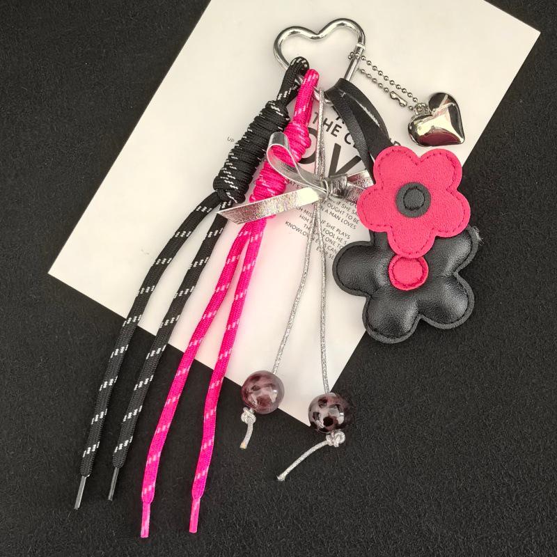 MIU Leather Flower Tassel Keychain with Beads - Korean Style Keychain Charm