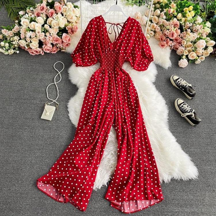 Sexy Waist Slim Jumpsuit with Dolman Sleeves Polka Dot Print Wide Leg Trousers Neck Design