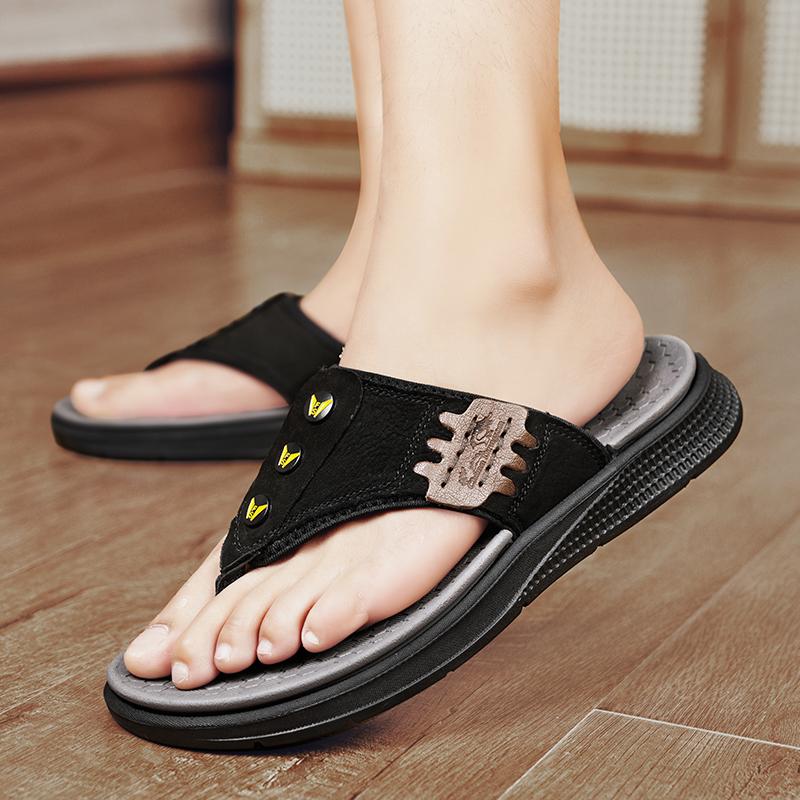 

Модные мужские шлепанцы из натуральной кожи, летние пляжные шлепанцы для мужчин, модные повседневные трендовые летние мужские тапочки для пляжа и отдыха 44 чёрный