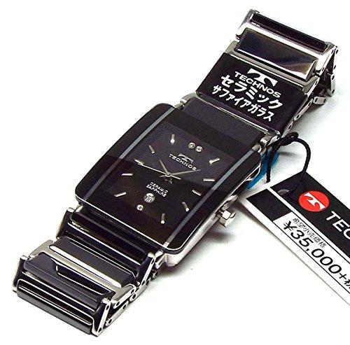 TECHNOS Men's Watch Classic Ceramic Black Dial Genuine Leather Bracelet Set TSM903TB-SET