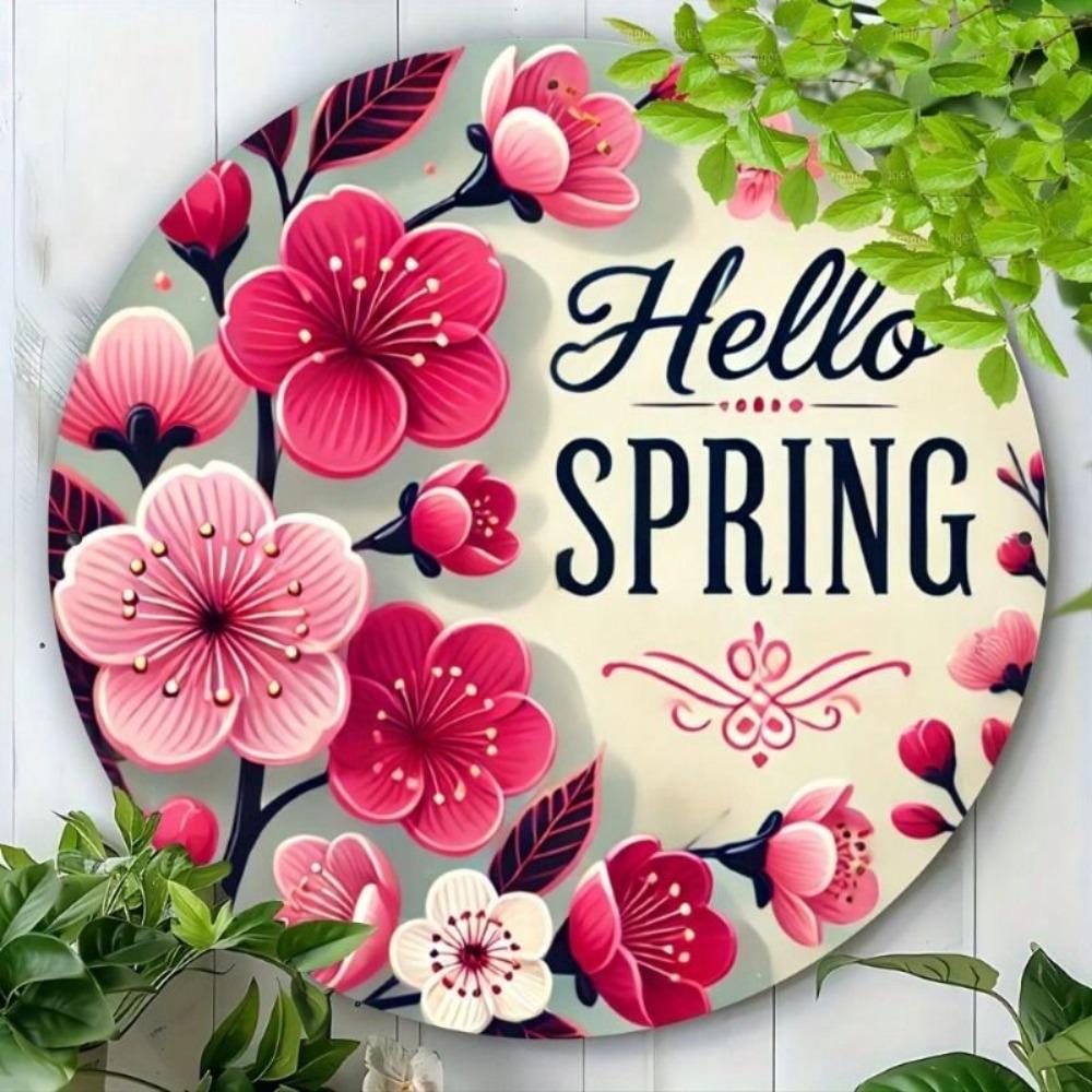 Metal Wall Art Hello Spring Pink Sakura Circle 20x20cm Bedroom Decor