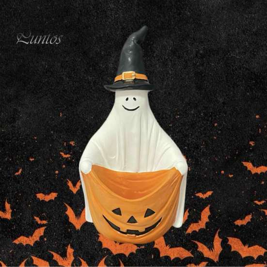 Pumpkin Element Ghost Decor Halloween Witch Hat Figurine, Pen Holder Desktop Storage Organizer Candy Container, Tabletop for Holiday Party Handcrafted