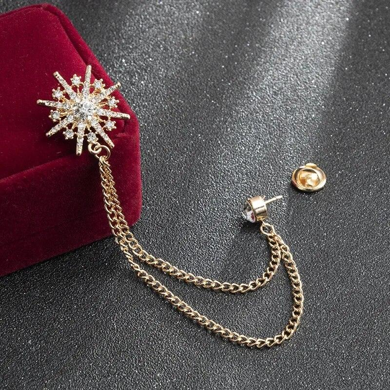 1Pc  High-end Rhinestone Star Brooch Crystal Tassel Chain Corsage Suit Coat Badge Lapel Pin for Men Women Clothing Accessories