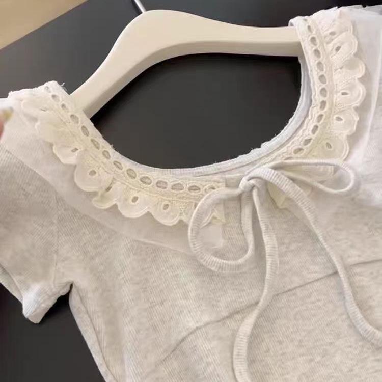 Japanese Patchwork Tie-Up Short Sleeve Tee - Women's Petite Slimming Cropped Top