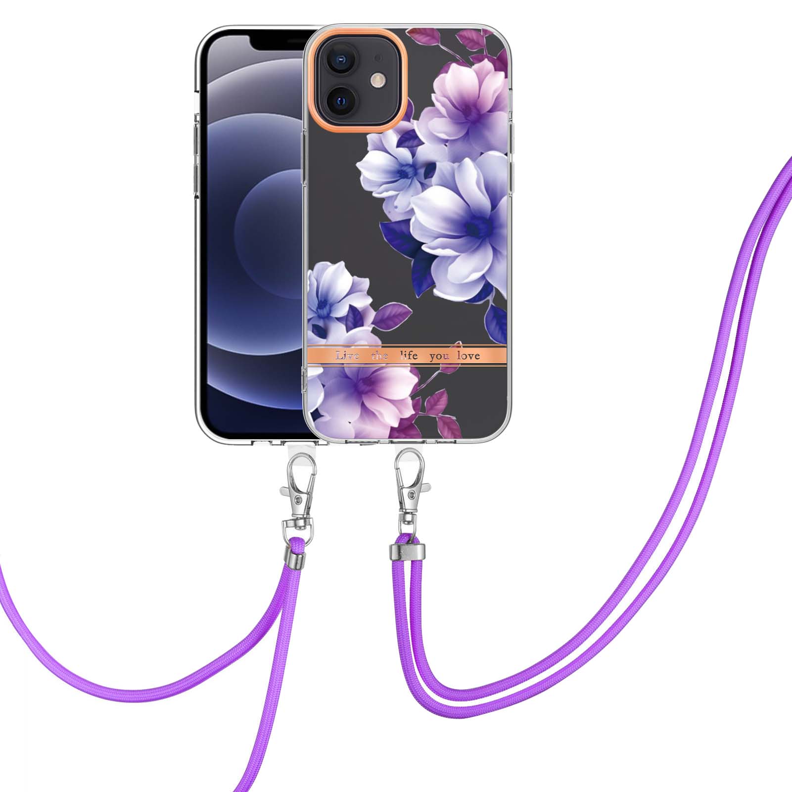 

For iPhone 12/12 Pro Case with Shoulder Strap IMD IML Flower Pattern TPU Back Cover HC004 Purple Begonia