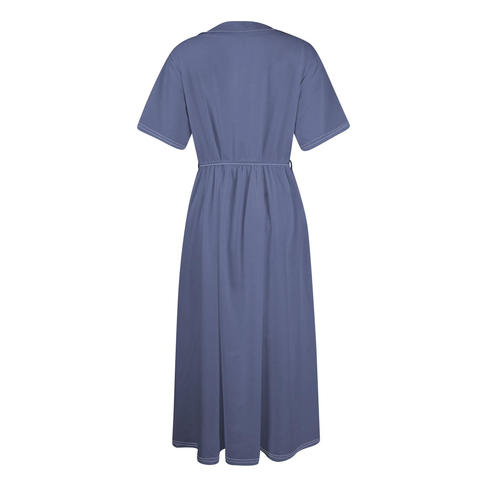 Женская мода сплошной цвет воротник с лацканами пуговицы с коротким рукавом одежда ремни — фото 4