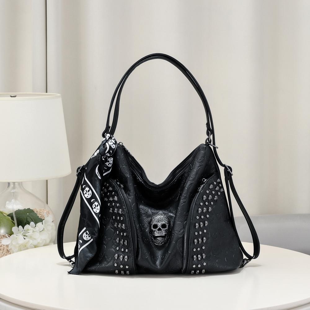 SHELKSBAG Womens Tote Bags Gothic Skull Studded Strap Hobo Handbag Large Capacity Vintage PU Leather Crossbody Shoulder Bag