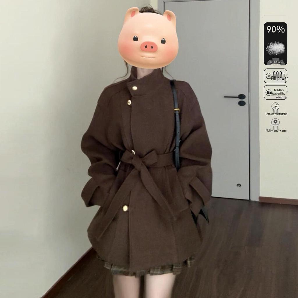 Veste en duvet en laine marron Maillard pour femme - Automne/Hiver 2025 Style coréen haut de gamme.