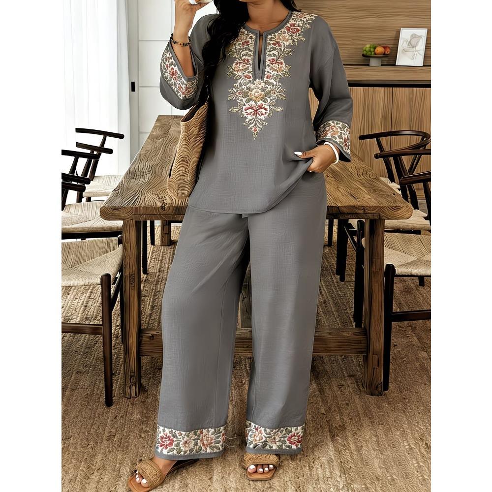 Damen Frühling Sommer Neues 2-teiliges Outfit, V-Ausschnitt 3/4-Ärmel Knopfleiste Hemd & Bedruckte Elastische Taille Lange Hose Set, Digitaldruck Maschine Lässiger Anzug