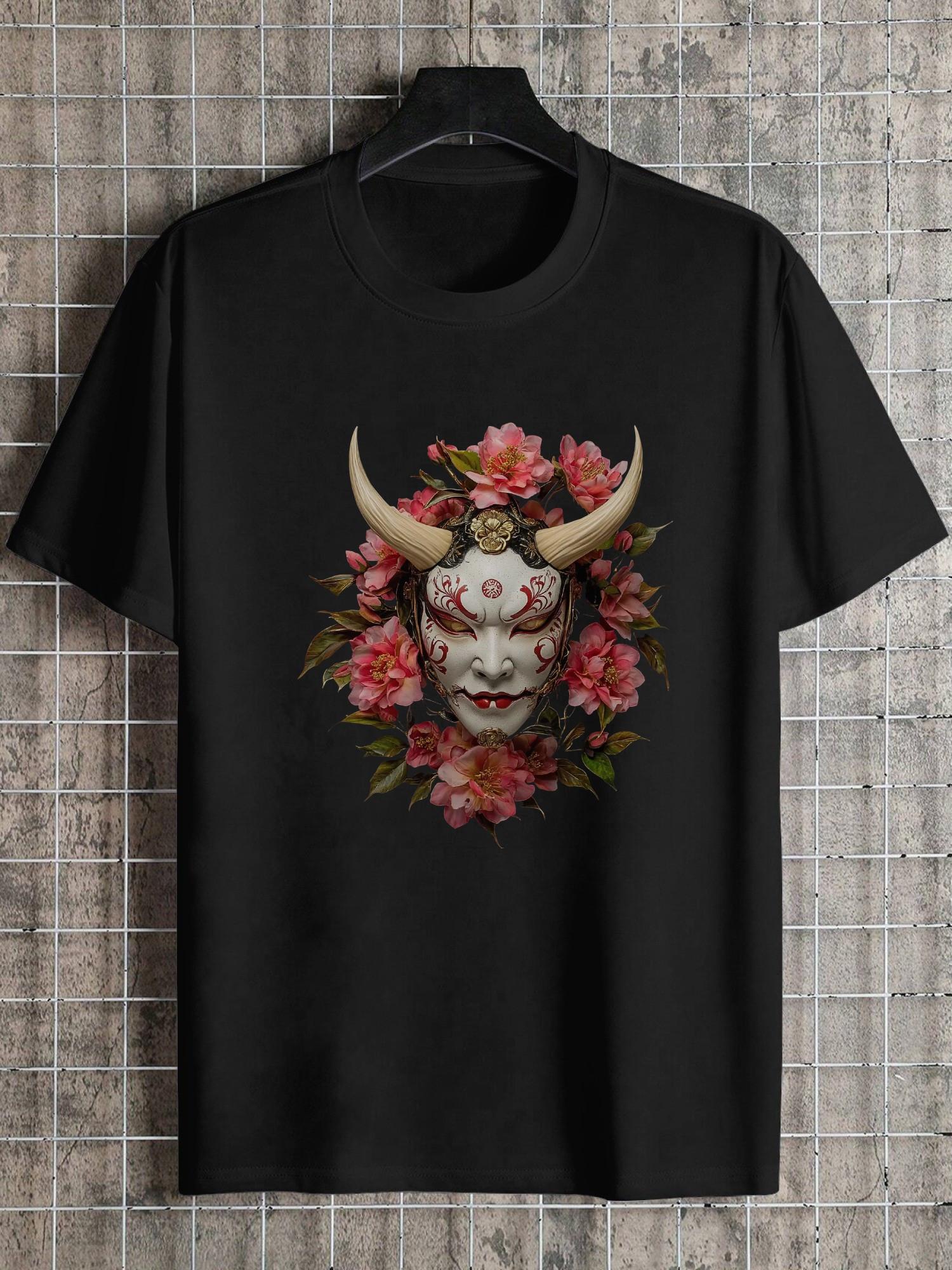 

1pc Oni Mask Graphic T-shirt - 180g Cotton Crew Neck Short Sleeve Tee with Vibrant Floral & Geometric Print XXL