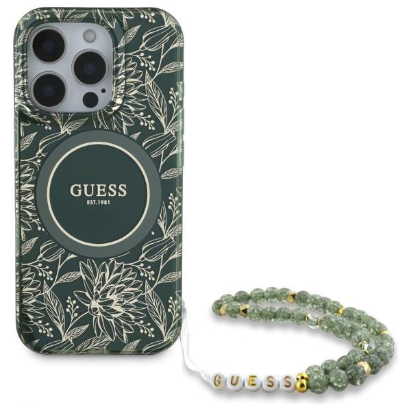 Guess Guhmp16Xhcpofpa iPhone 16 Pro Max 6.9 Zelený/Green Tvrdý obal Iml Květiny po celém povrchu Elektro s perlovým popruhem Magsafe