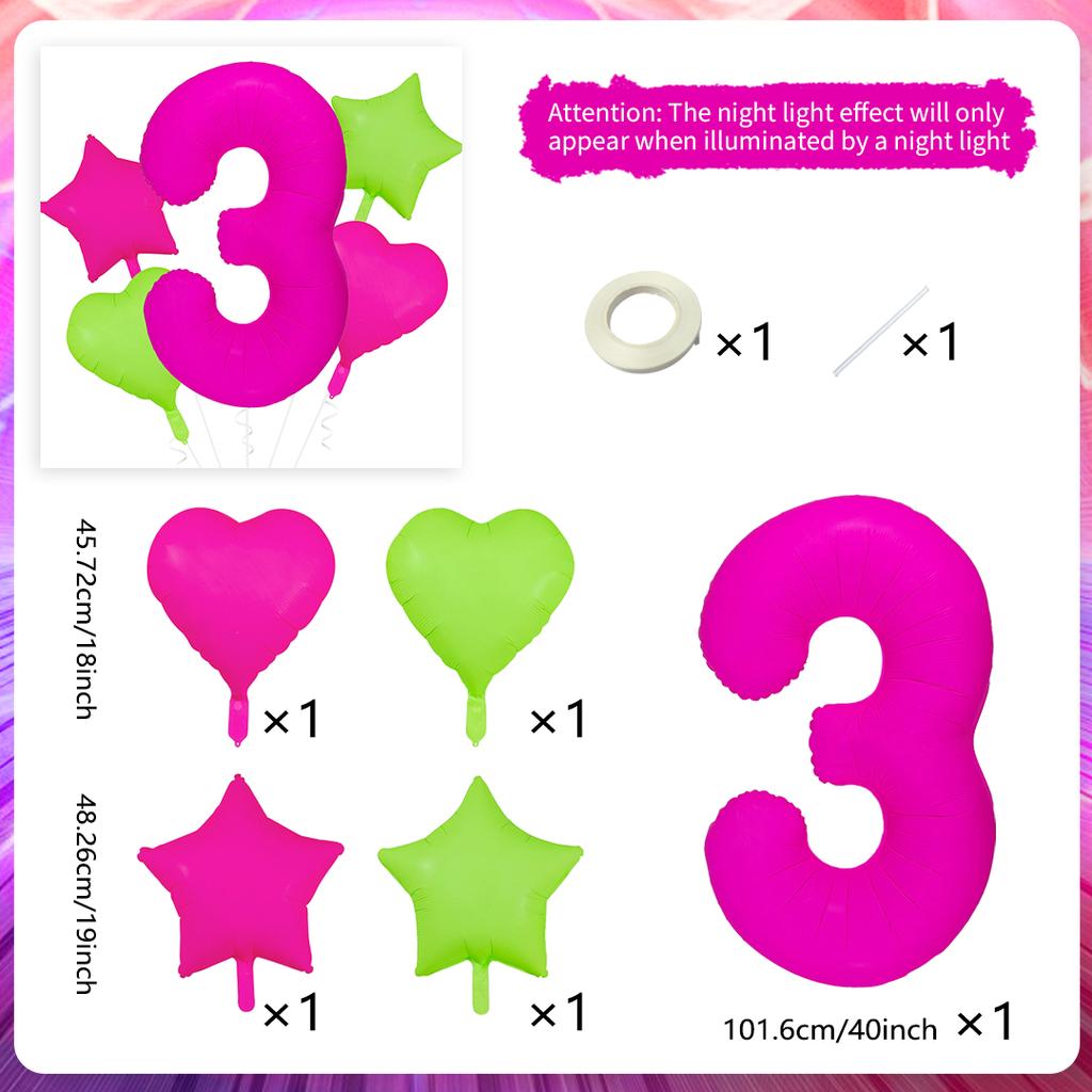 Neon fluorescent digital balloon set 1-9 five pointed star heart-shaped balloons for birthday and graduation season decoration