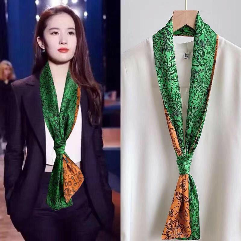 Luxury Silk Long Scarf Women Bag Handle Ribbon Ladies Plaid Print Headband Small Hair Scarves Band Female Handkerchief