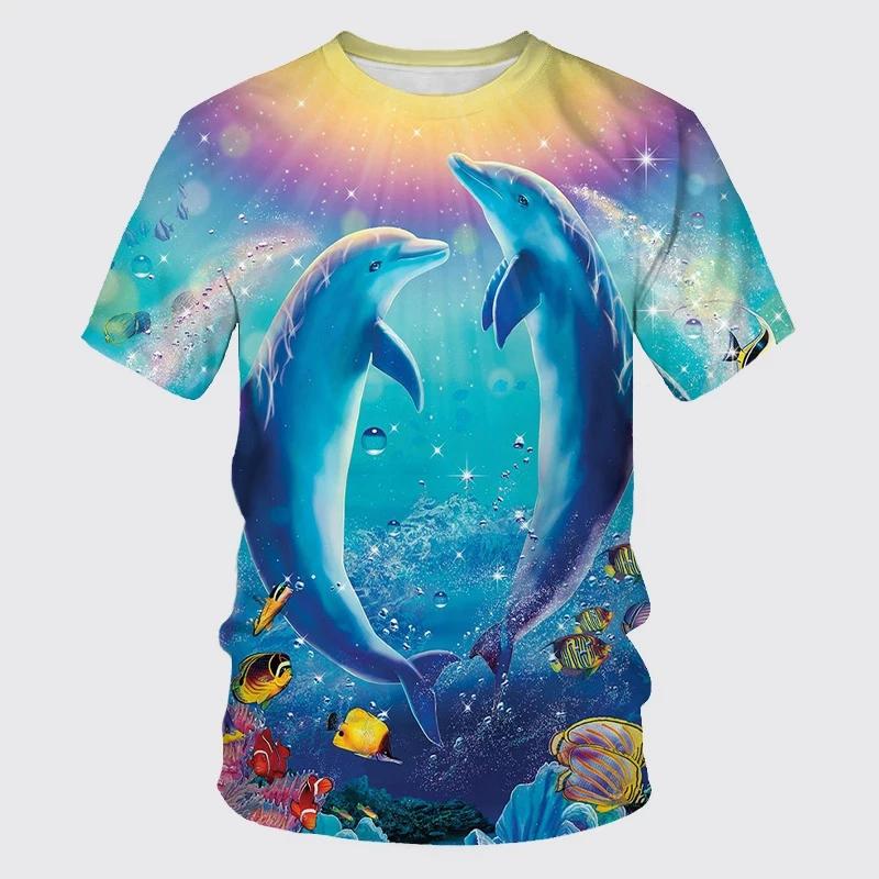 Summer New Cute Dolphin Pattern Men's Printed T-shirt Street Popular Harajuku Round Neck Plus Size Fashion Top Short Sleeve