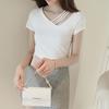Summer Korean Version Slimming Short Sleeved Solid Color Base Shirt V-neck Shoulder Slip T-shirt Fashion Women's Clothing