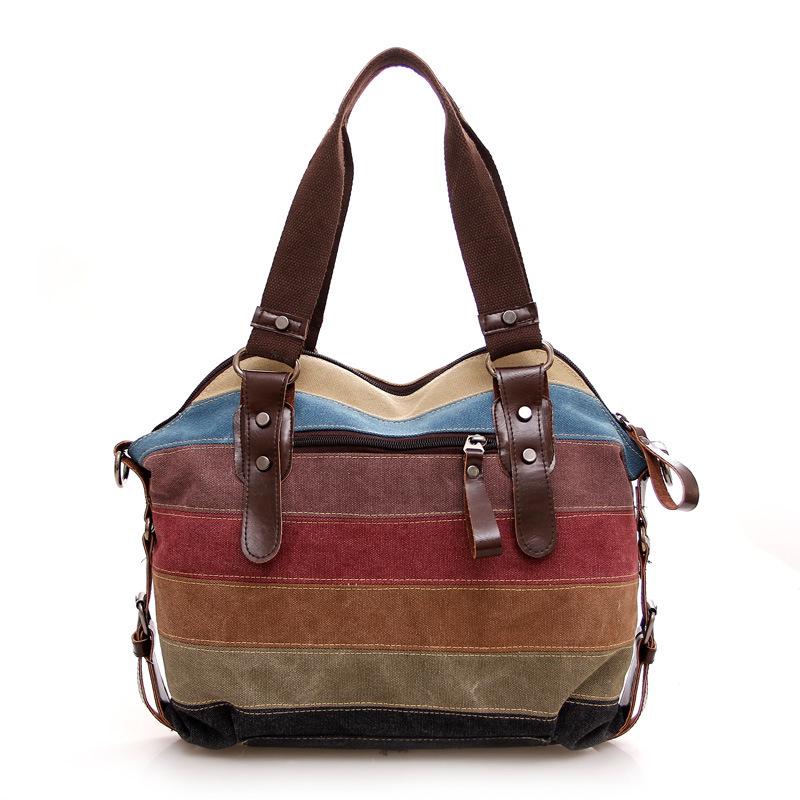 2021 Trendy European & American Rainbow Stripe Women's Canvas Bag