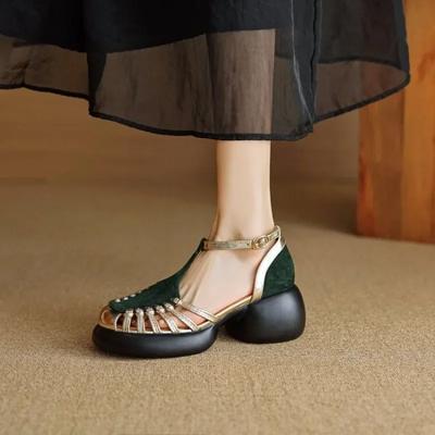 Zapatos de Moda para Mujer 2025 Nueva Tendencia de Verano Zapatos Cómodos de Tacón Bajo Baotou Casual Hebilla de Una Línea Sandalias Romanas de Moda para Mujer