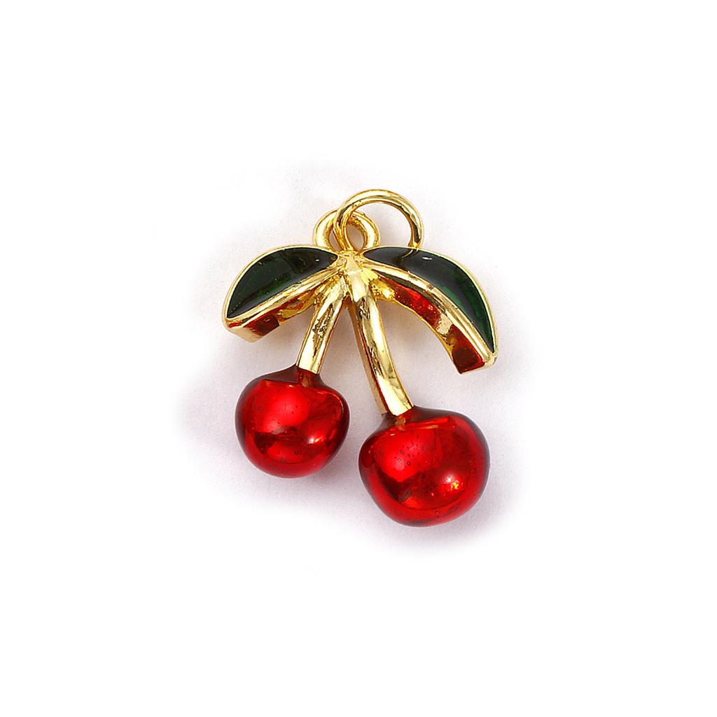 1 Piece Brass Charms 18K Gold Plated Red Cherry Fruit Cubic Zirconia Pendants For Necklace Bracelet Earrings Jewelry Making