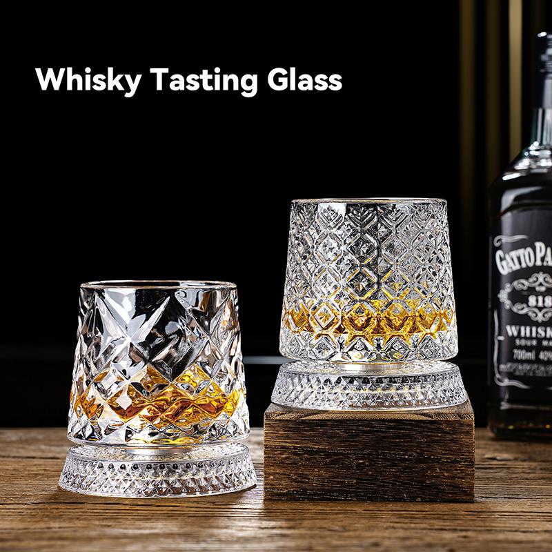 BOLTIFY Whiskey Glasses Rotating Whisky Glass with Glass Base 360 Rotate Degrees Crystal Rum Glass for Cocktail Party Drinking