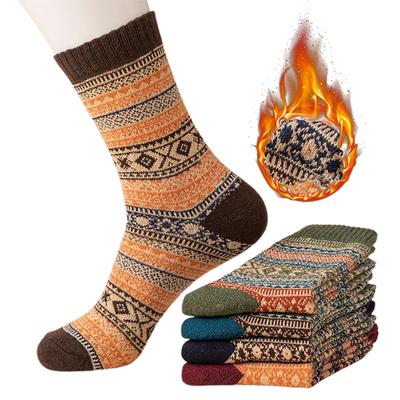 5 Pairs Men Winter Socks High-tube Cotton Socks Retro Ethnic Style Elastic Rib Cuffs Socks for Sports Machine Washable Keep Warm Anti-slip Stockings