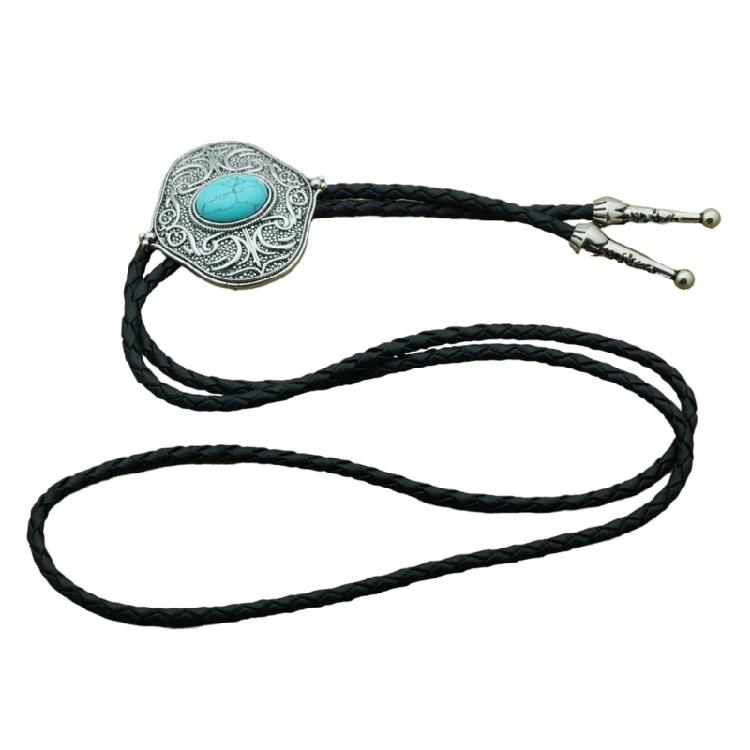 Elegant Black Bolo Tie with Gemstones Pendant Cowboy Necktie Western Tie