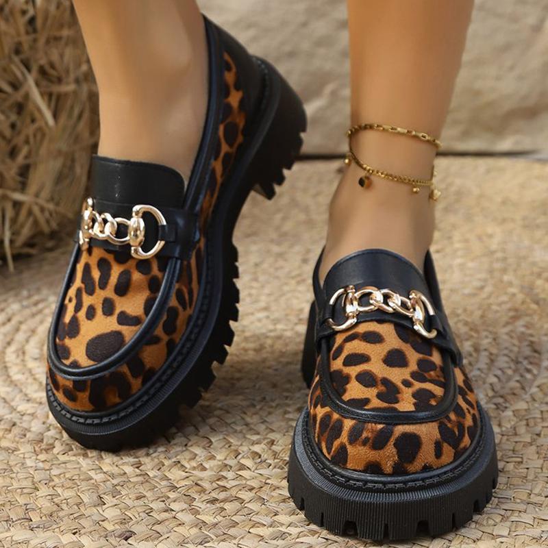 Retro Suede Leopard Loafers Shoes for Women Metal Decoration Round Toe Women's Loafers Casual Chunky Platform Shoes Lady