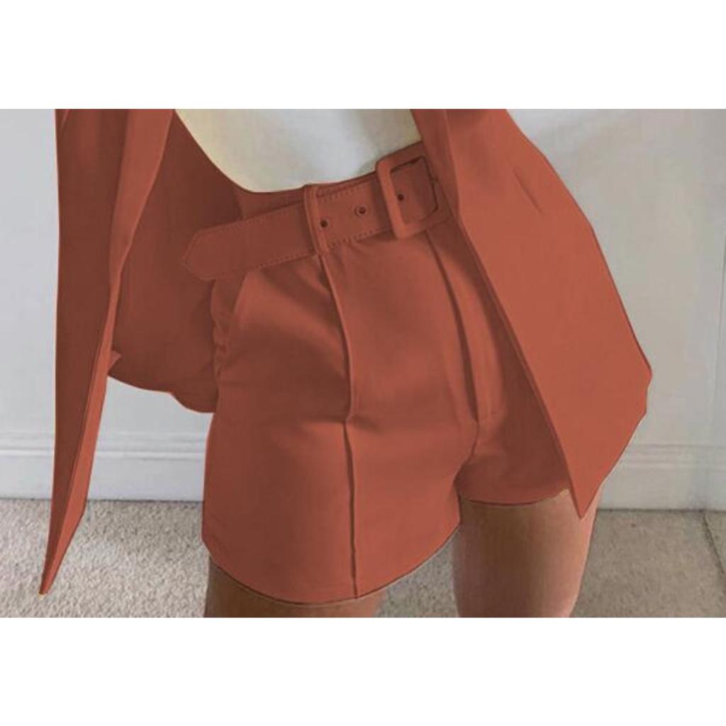 Women's Slim Fit Two Piece Suit Lapel Long Sleeve Blazer High Waist Belted Short Co-ord Outfit Set