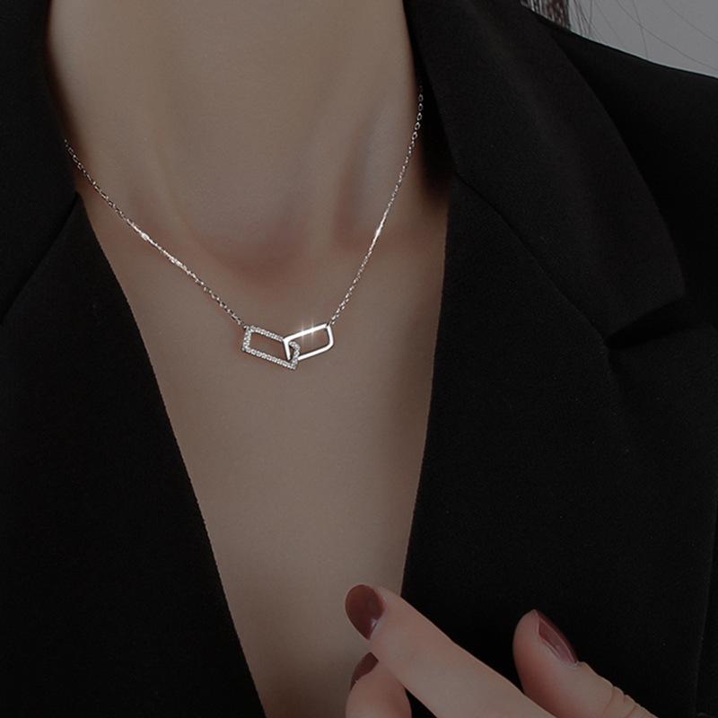 Exquisite Zirconia Interlocking Square Double Ring Necklace for Women