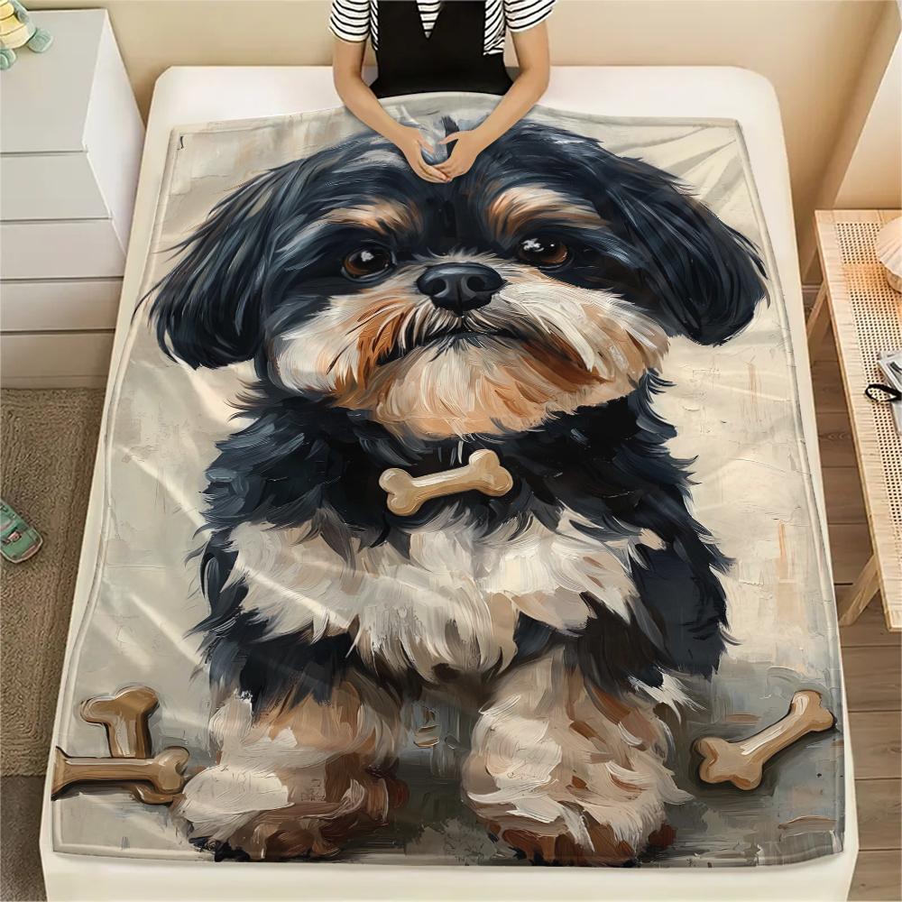 1Pc Dog&Bone Print Flannel Blanket, High quality Comfortable for All Seasons, Home Decor, Warmth and Comfort, Perfect for Christmas Gifts