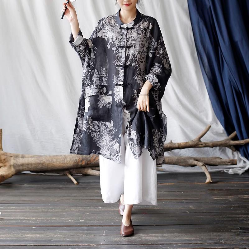 Women's Ethnic Print Retro Stand Collar Midi Shirt with Frog Button, Sun Protection, Loose Fit, Plus Size Outerwear.