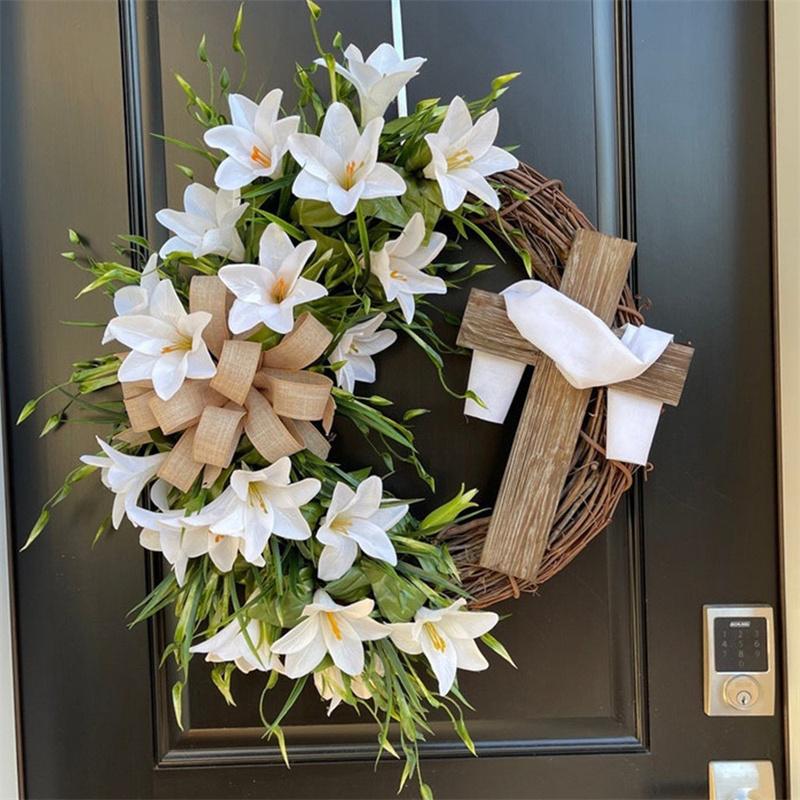 

Easter Cross Wreath For Front Door Or Wall Artificial Flower Lily Bow Silk Scarf Religious Garland Spring Wreath Easter Decor 1PC