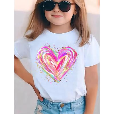 Europäische Größen Mädchen Sommer Mode Kurzarm T-Shirt mit buntem Herz Cartoon Aufdruck | Lässig Rundhals Regular