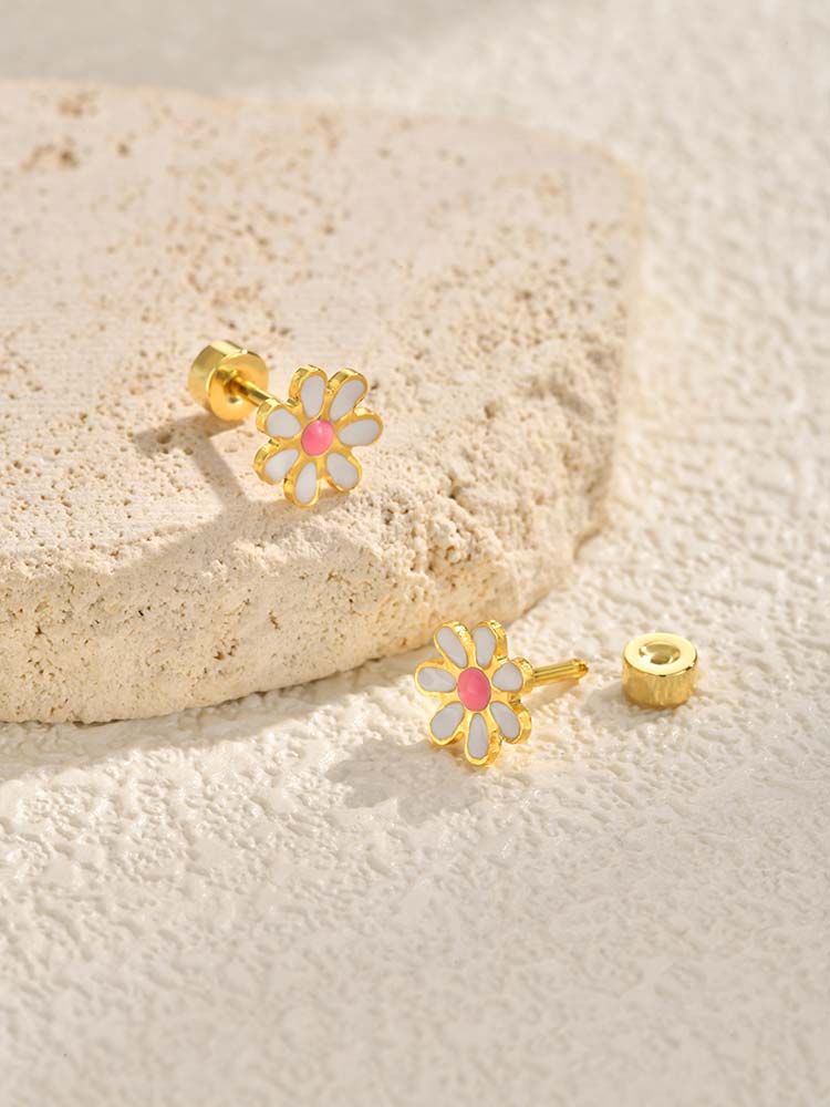 Sunflowers Enameled Small Stud Earrings, Stainless Steel Daisy Earrings For Women, Floral Hypoallergenic Piercing Jewelry