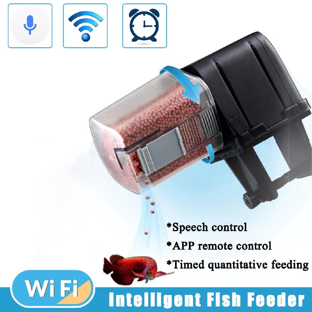 WiFi Automatic Fish Tank Feeder Aquarium Pond Food Feeder Timer Speech Control Dispenser Adjustable 5V/2V Black