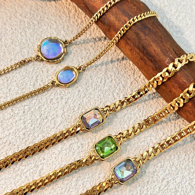 Fashion Gold Plated Stainless Steel Exquisite Versatile Colorful Cubic Zirconia Square Oval Charm Chain Unisex Gift Bracelet