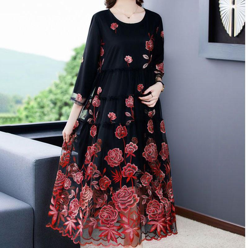 Rochie lungă rotundă brodată pentru femei, plasă, toamnă, largă, linie A, mărimi mari