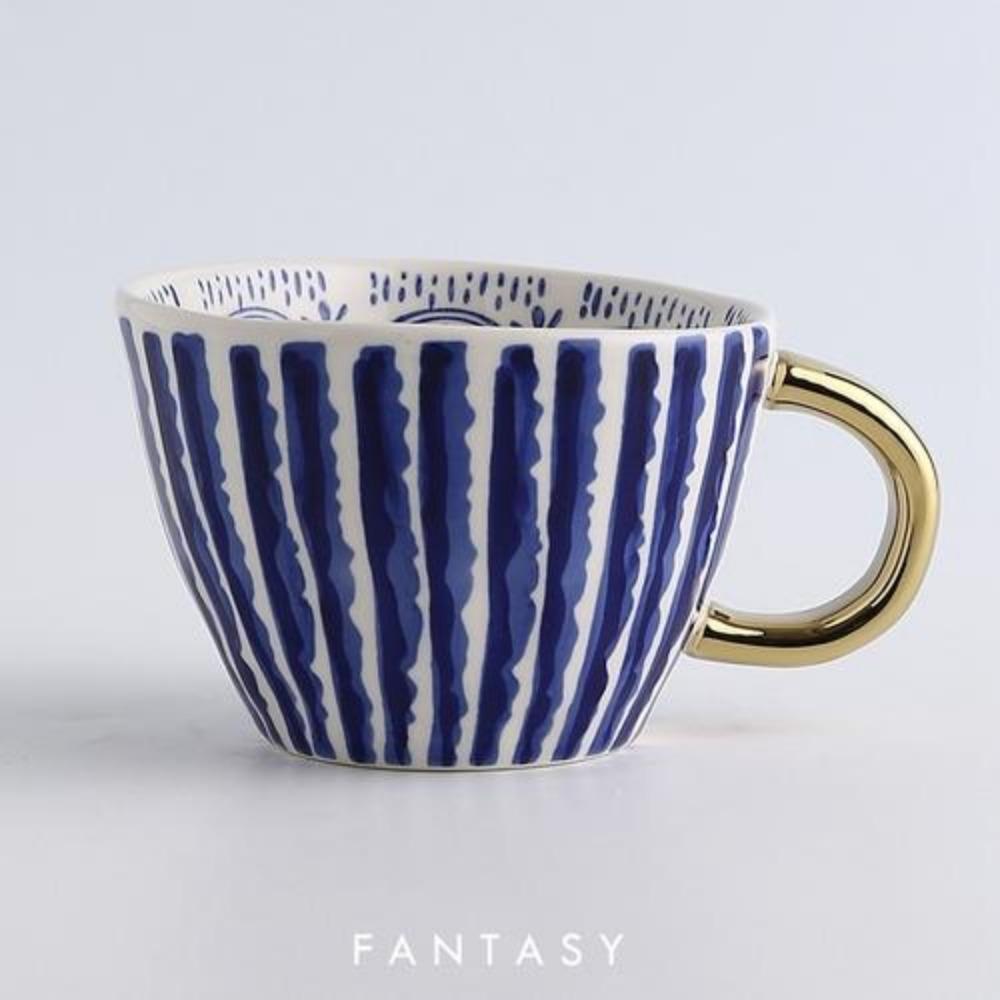American Irregular Geometric Ceramic Coffee Cup with Gold Plated Handle Black and White Pattern Milk Tea Cup Home Accessories