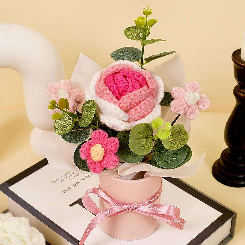 1PC Puff Permanent Rose Valentine's Day Knitted DIY Artificial Flower Gift Handmade Elegant Bouquet Romantic